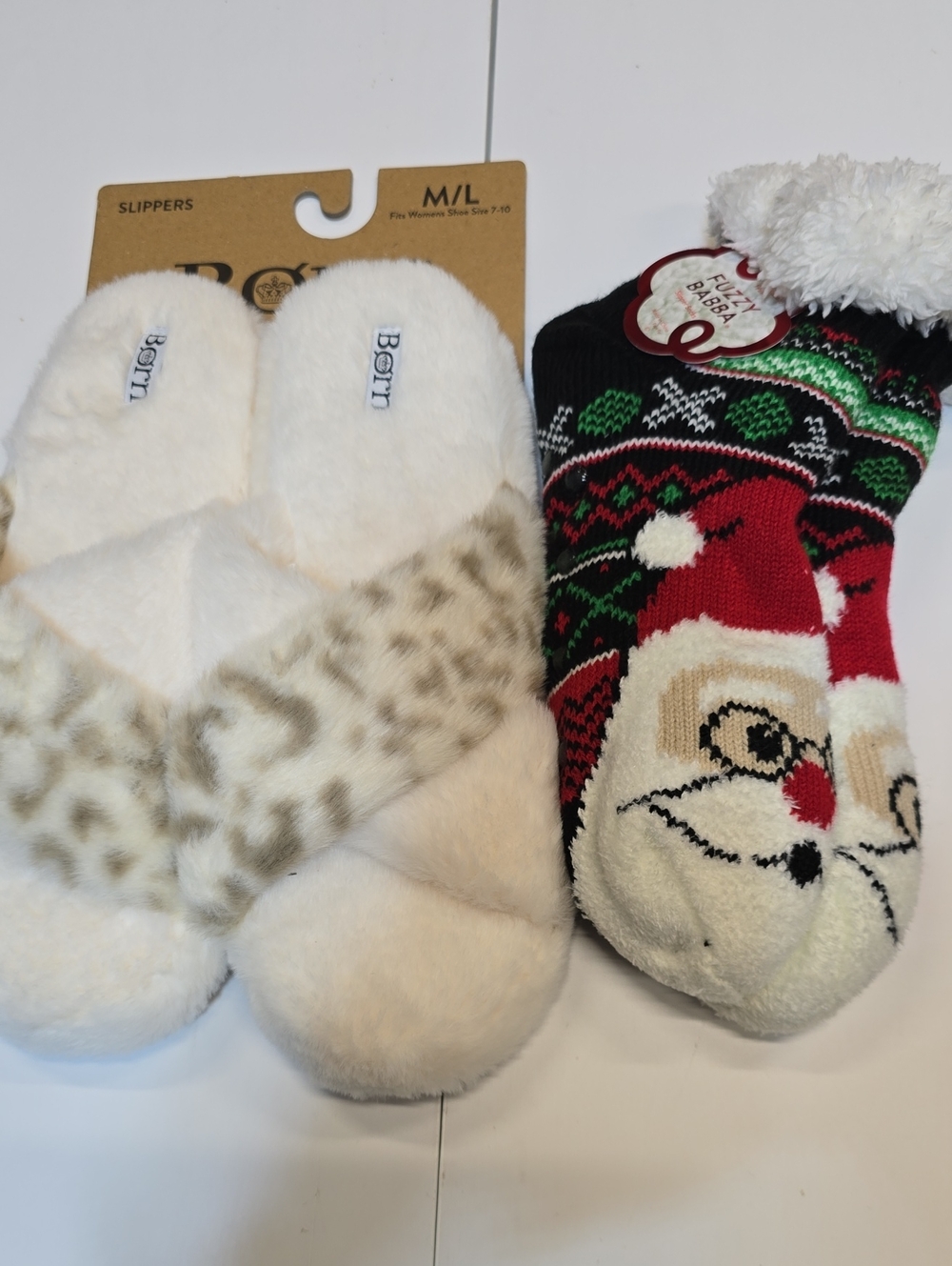 Born Women White Plush Slippers with Leopard-Print Strap and Festive Santa Socks